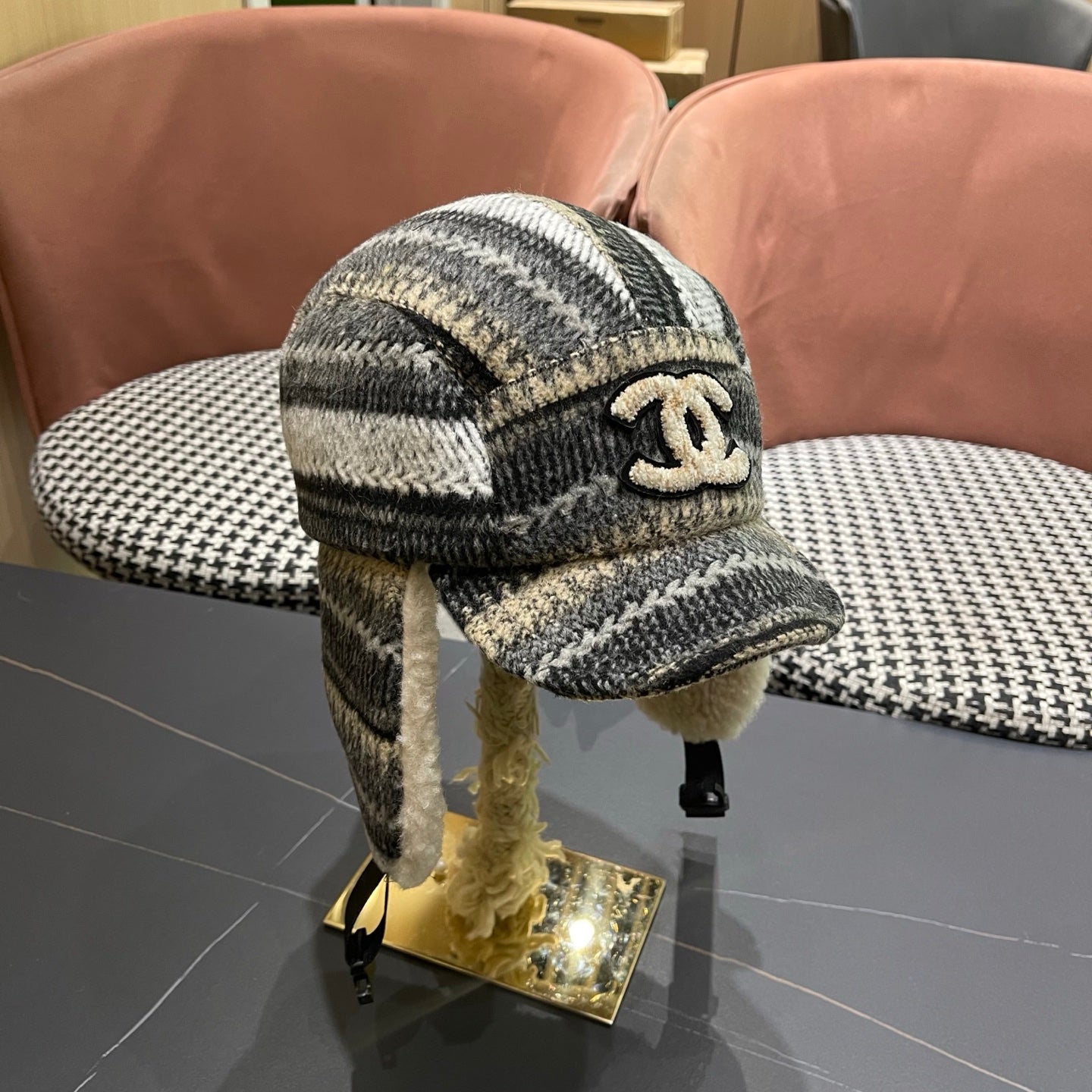 Chanel Winter Earflap Black Beige Fleece Hat 980017