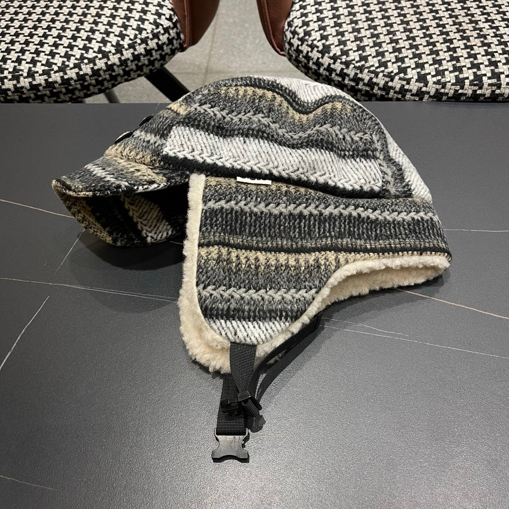 Chanel Winter Earflap Black Beige Fleece Hat 980017