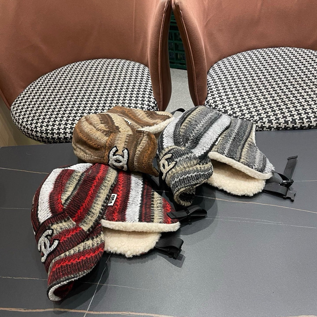 Chanel Winter Earflap Black Beige Fleece Hat 980017