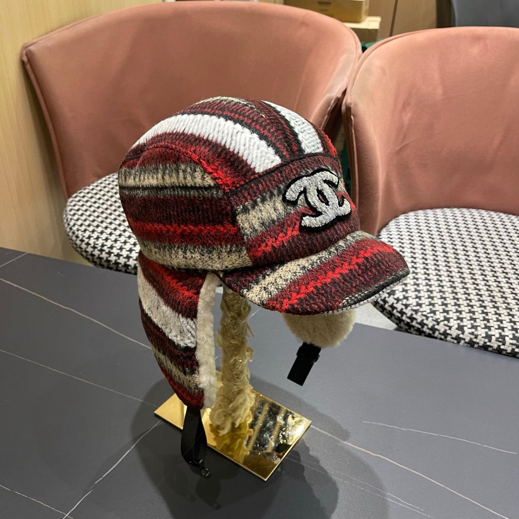 Chanel Winter Earflap Reddish Brown Fleece Hat 980018