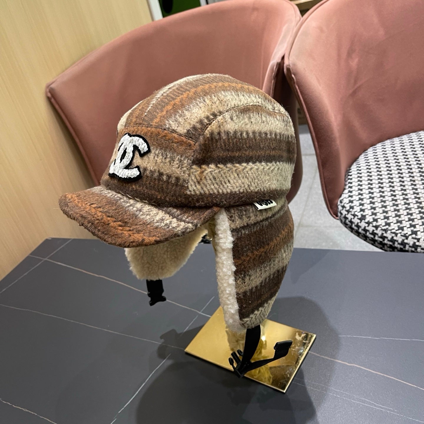Chanel Winter Earflap Beige Brown Fleece Hat 980019