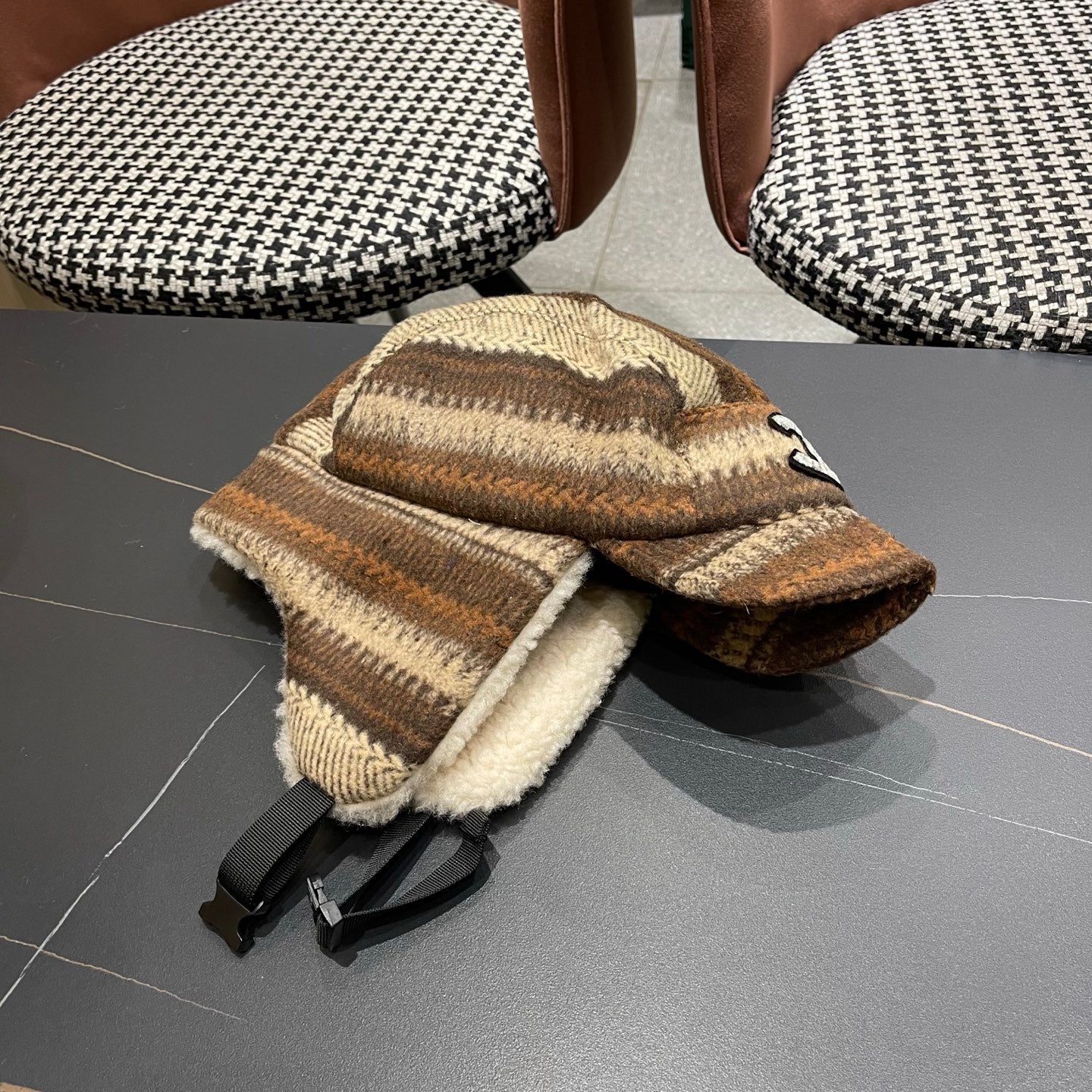 Chanel Winter Earflap Beige Brown Fleece Hat 980019