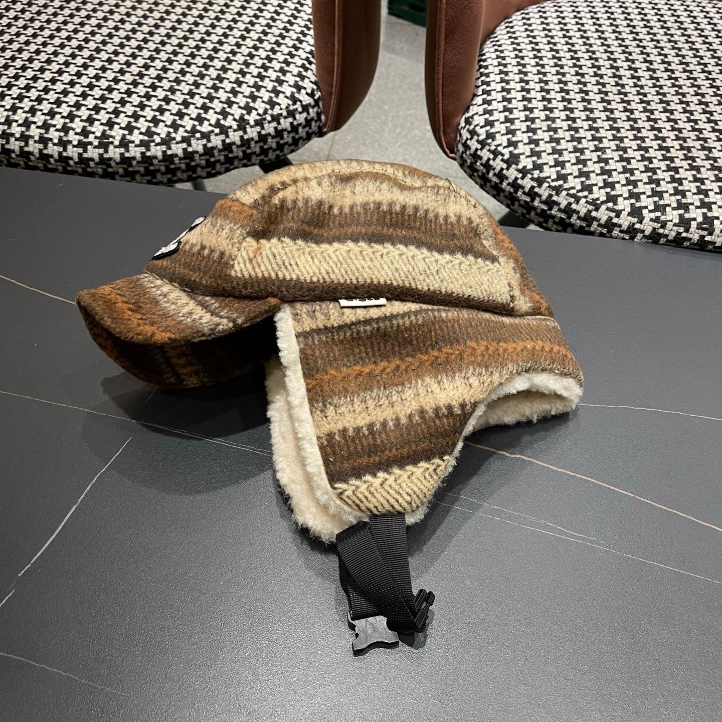 Chanel Winter Earflap Beige Brown Fleece Hat 980019