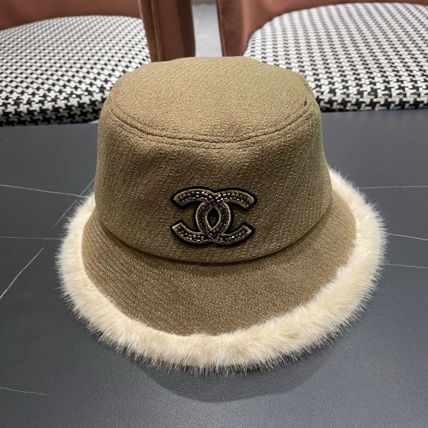 Chanel Korean Style Bucket Hat Khaki Plush Fleece 979919