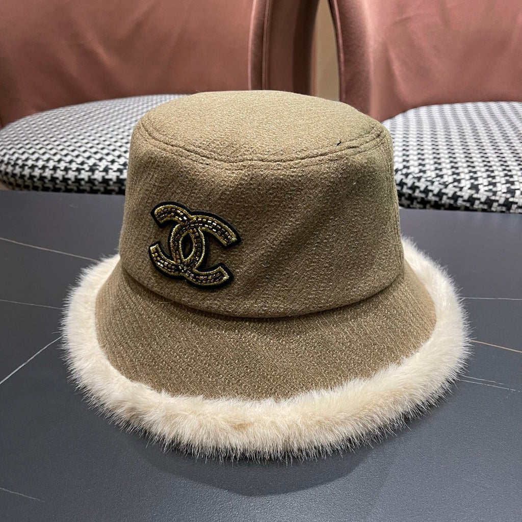 Chanel Korean Style Bucket Hat Khaki Plush Fleece 979919