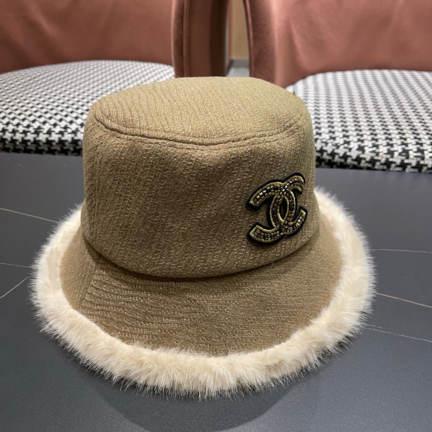 Chanel Korean Style Bucket Hat Khaki Plush Fleece 979919
