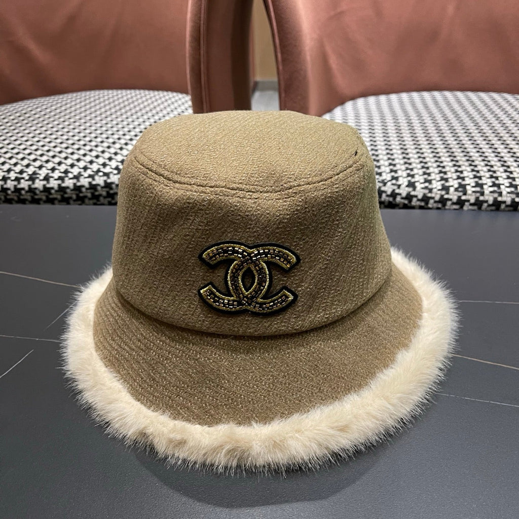 Chanel Korean Style Bucket Hat Khaki Plush Fleece 979919