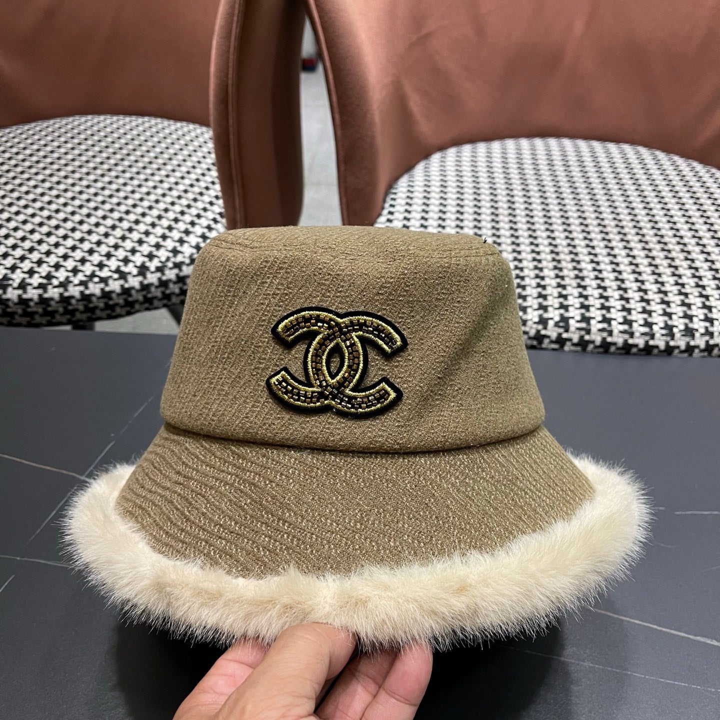 Chanel Korean Style Bucket Hat Khaki Plush Fleece 979919