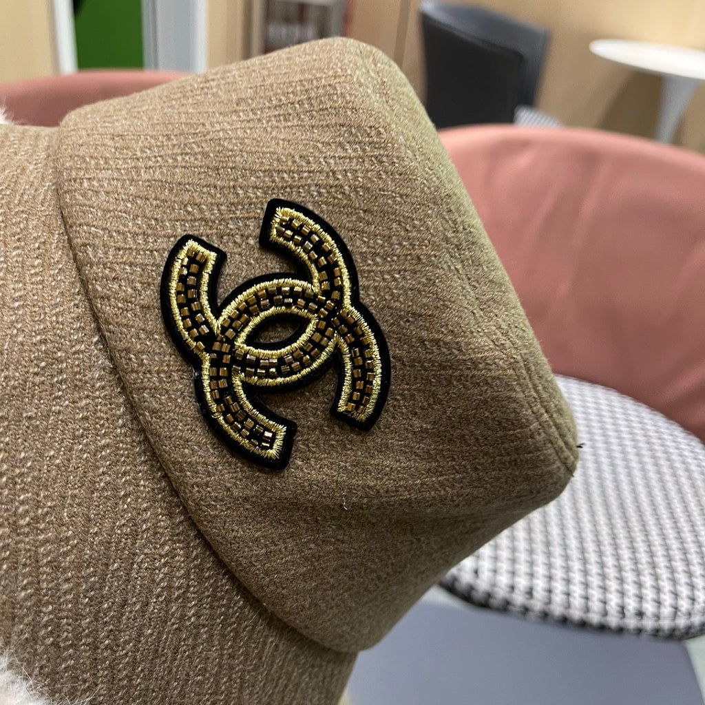 Chanel Korean Style Bucket Hat Khaki Plush Fleece 979919