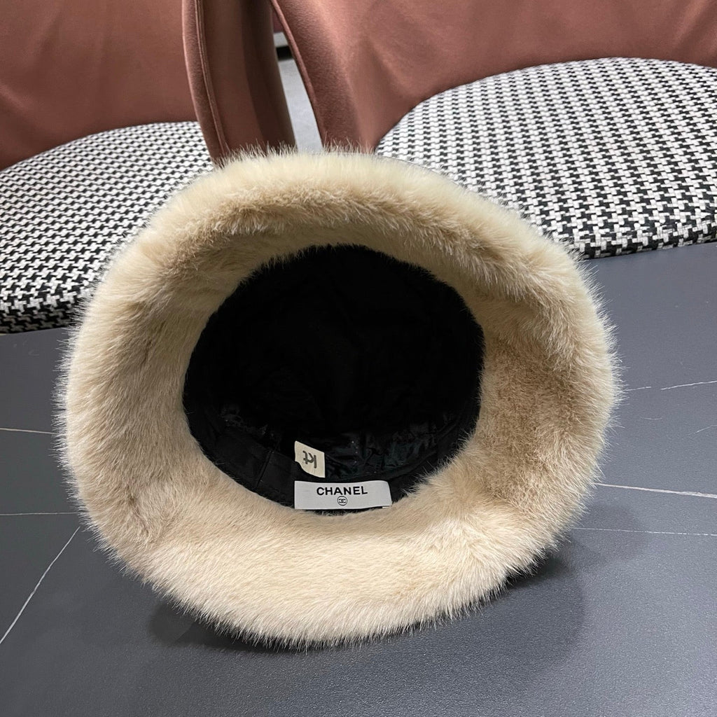 Chanel Korean Style Bucket Hat Khaki Plush Fleece 979919