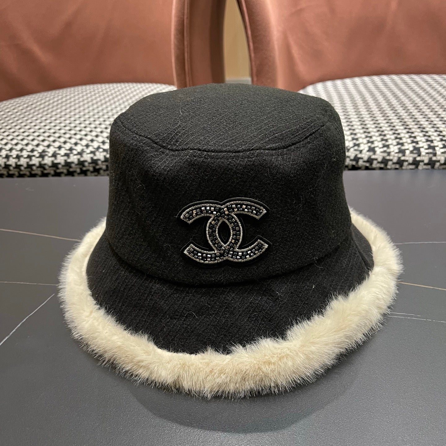 Chanel Korean Style Bucket Hat Black Plush Fleece 979918
