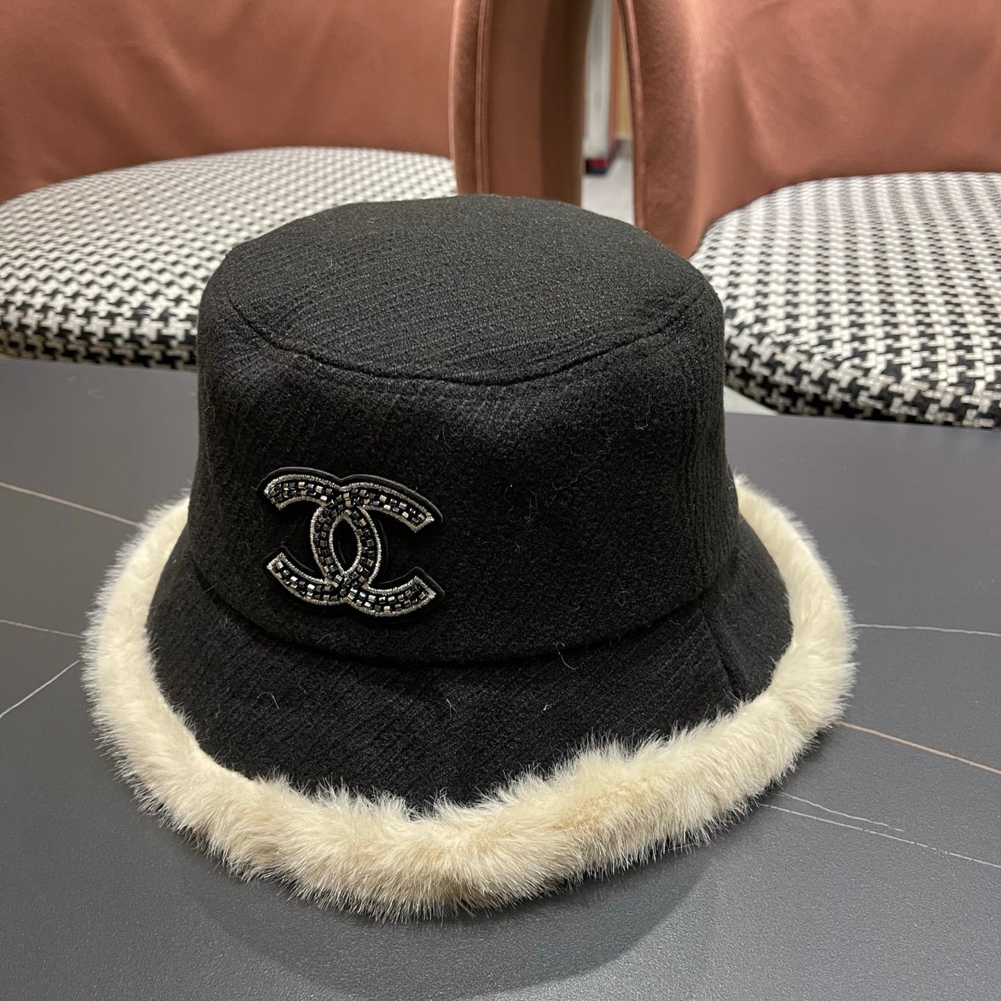 Chanel Korean Style Bucket Hat Black Plush Fleece 979918