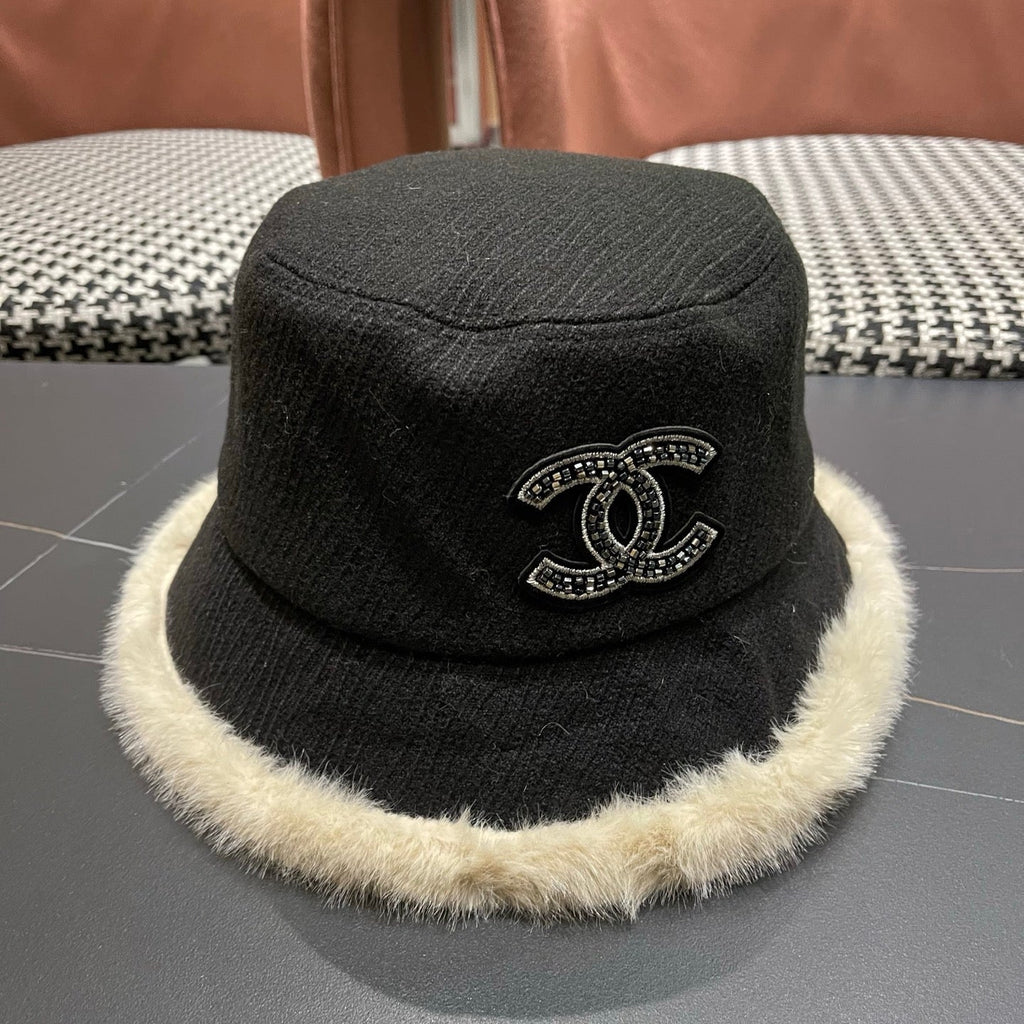 Chanel Korean Style Bucket Hat Black Plush Fleece 979918