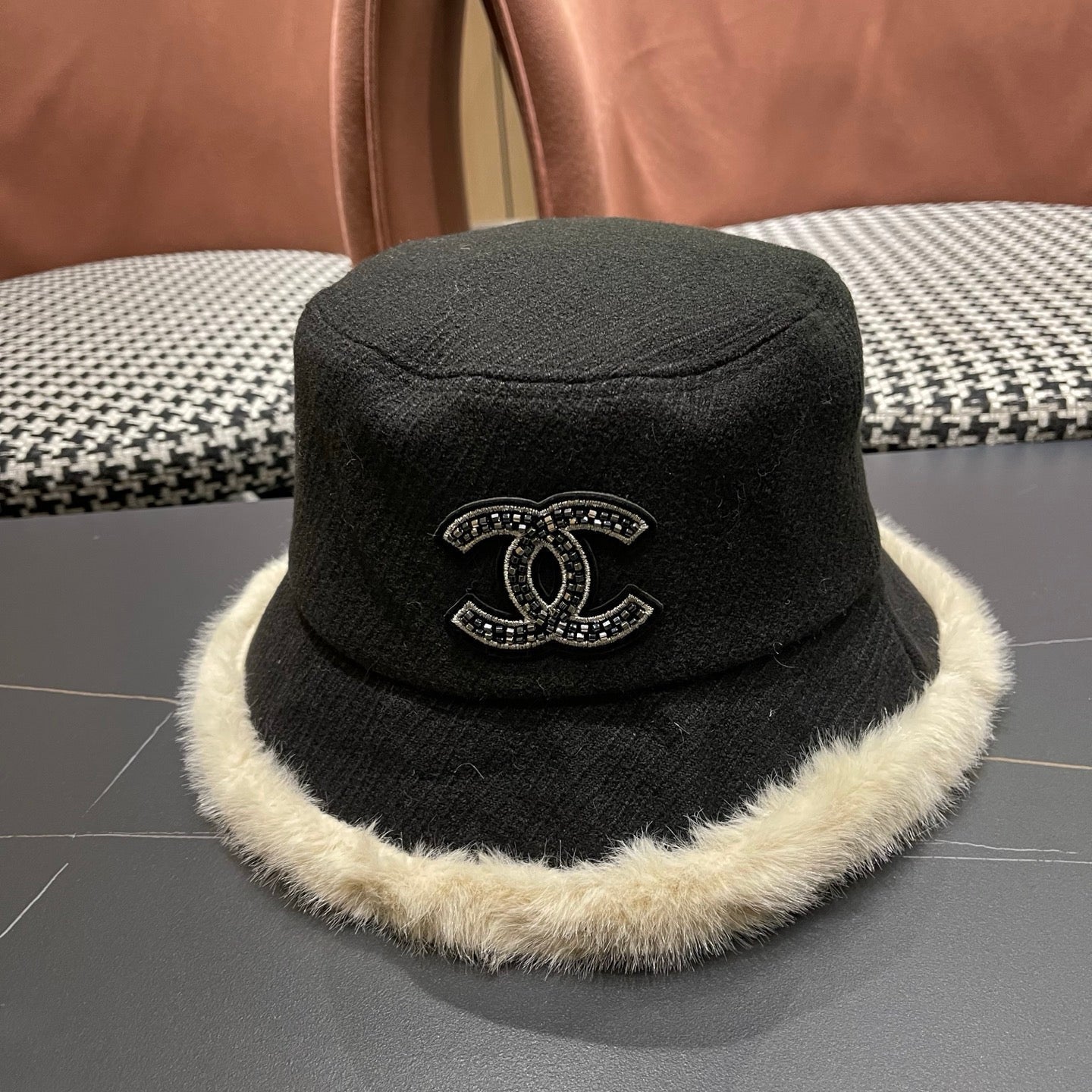 Chanel Korean Style Bucket Hat Black Plush Fleece 979918