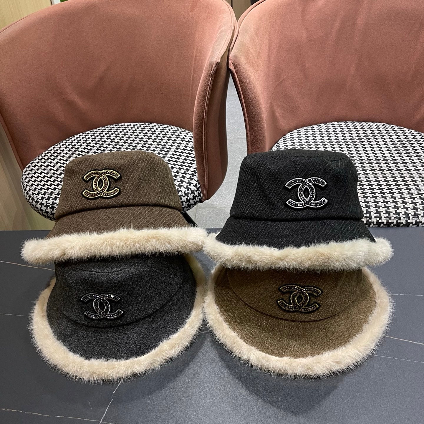 Chanel Korean Style Bucket Hat Black Plush Fleece 979918