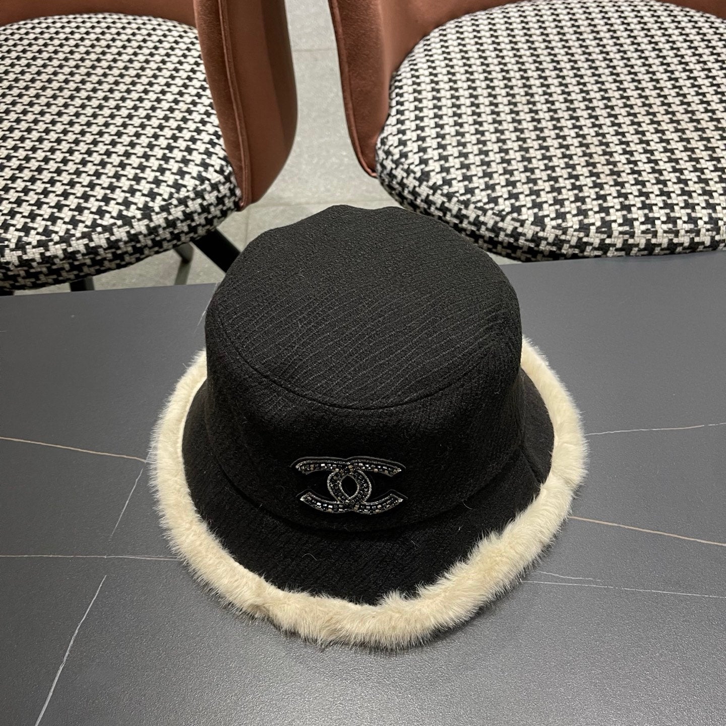 Chanel Korean Style Bucket Hat Black Plush Fleece 979918