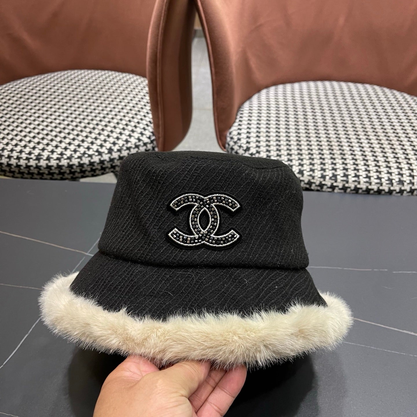 Chanel Korean Style Bucket Hat Black Plush Fleece 979918