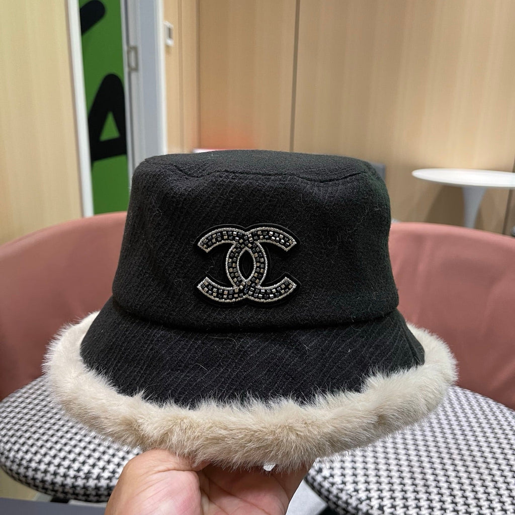 Chanel Korean Style Bucket Hat Black Plush Fleece 979918