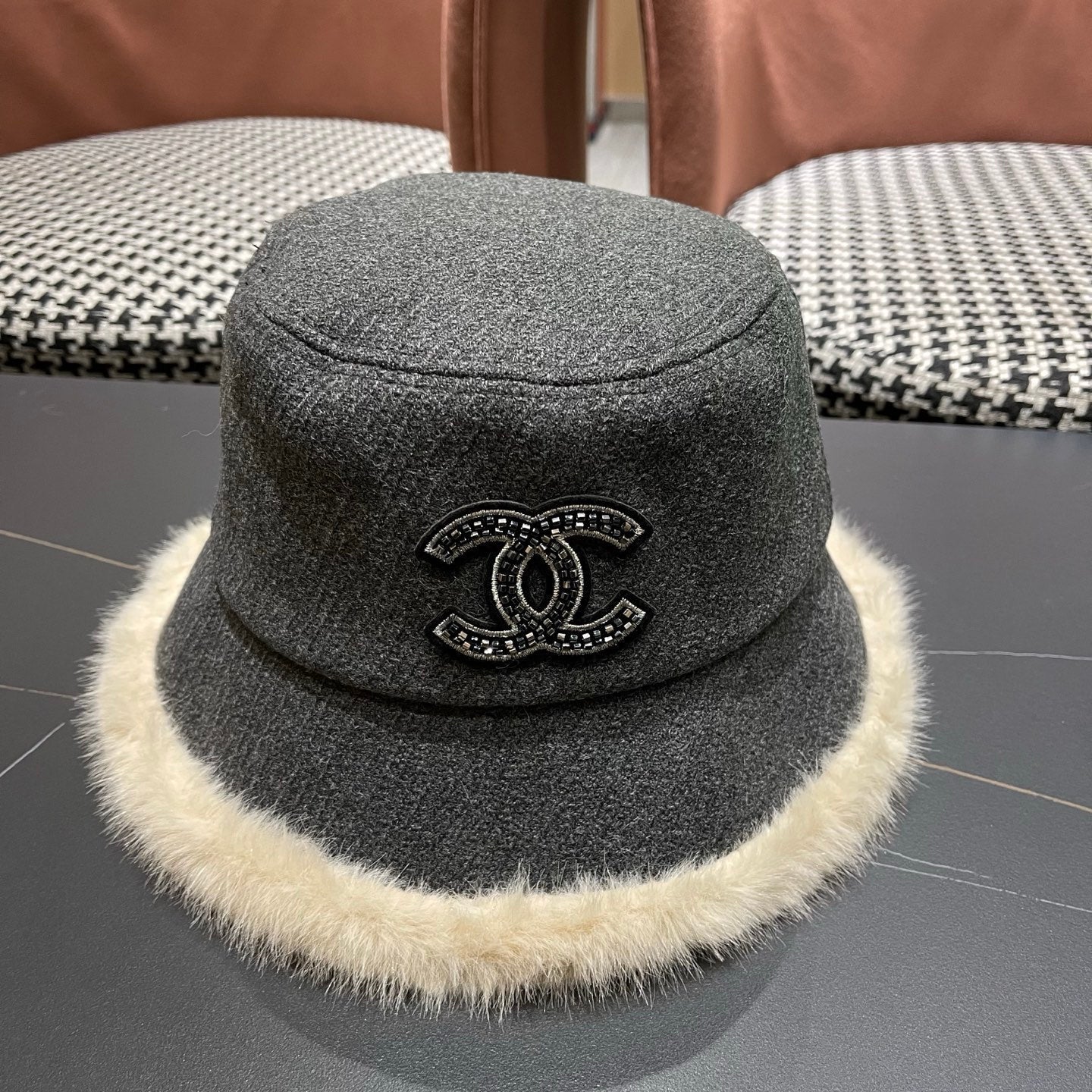 Chanel Korean Style Bucket Hat Gray Plush Fleece 979917