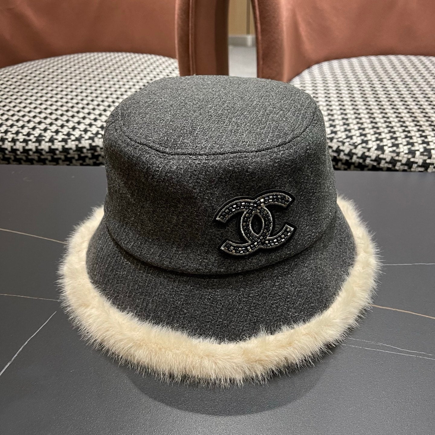Chanel Korean Style Bucket Hat Gray Plush Fleece 979917