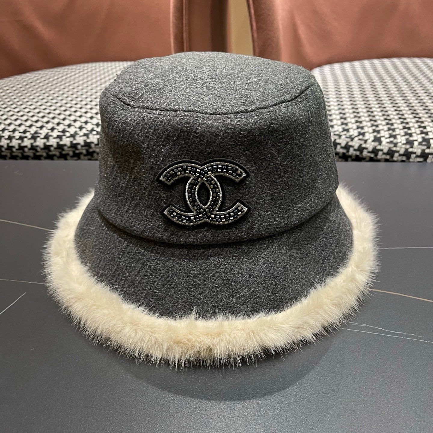 Chanel Korean Style Bucket Hat Gray Plush Fleece 979917