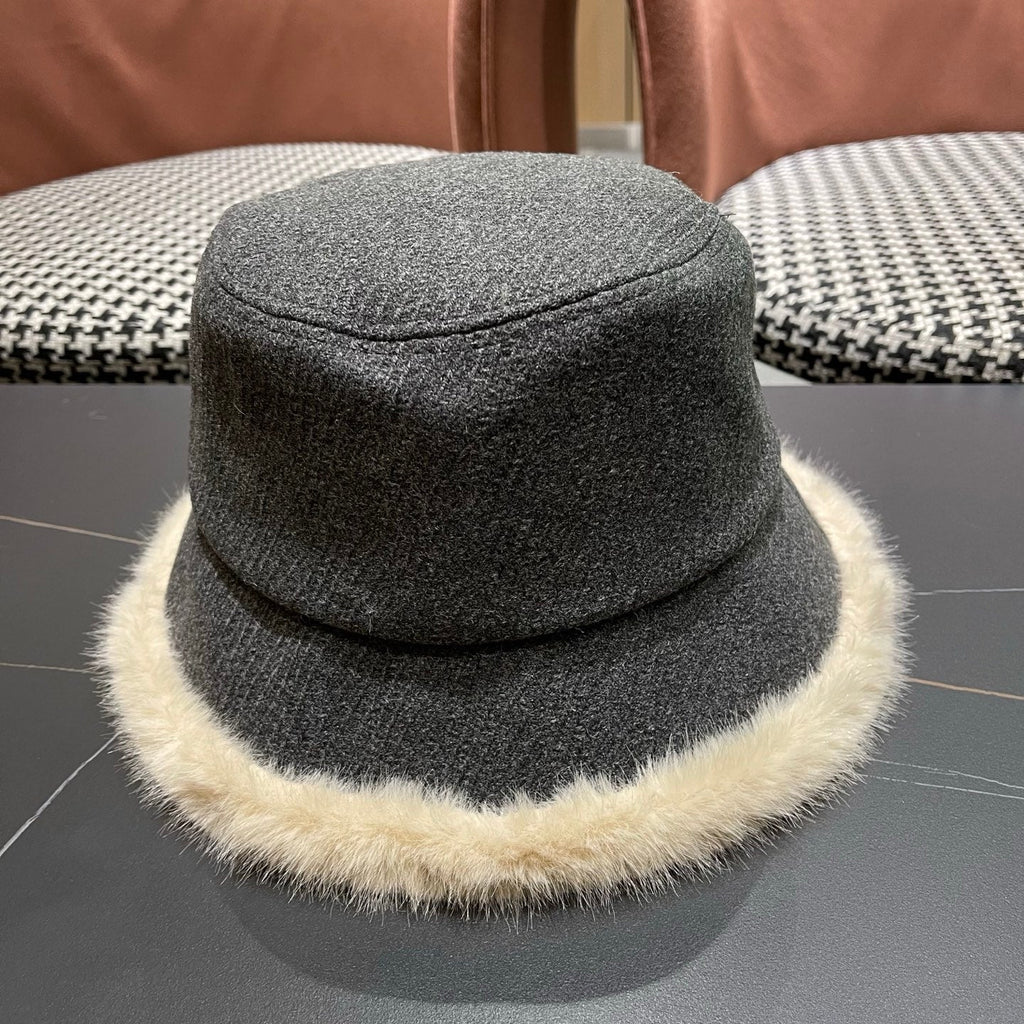 Chanel Korean Style Bucket Hat Gray Plush Fleece 979917