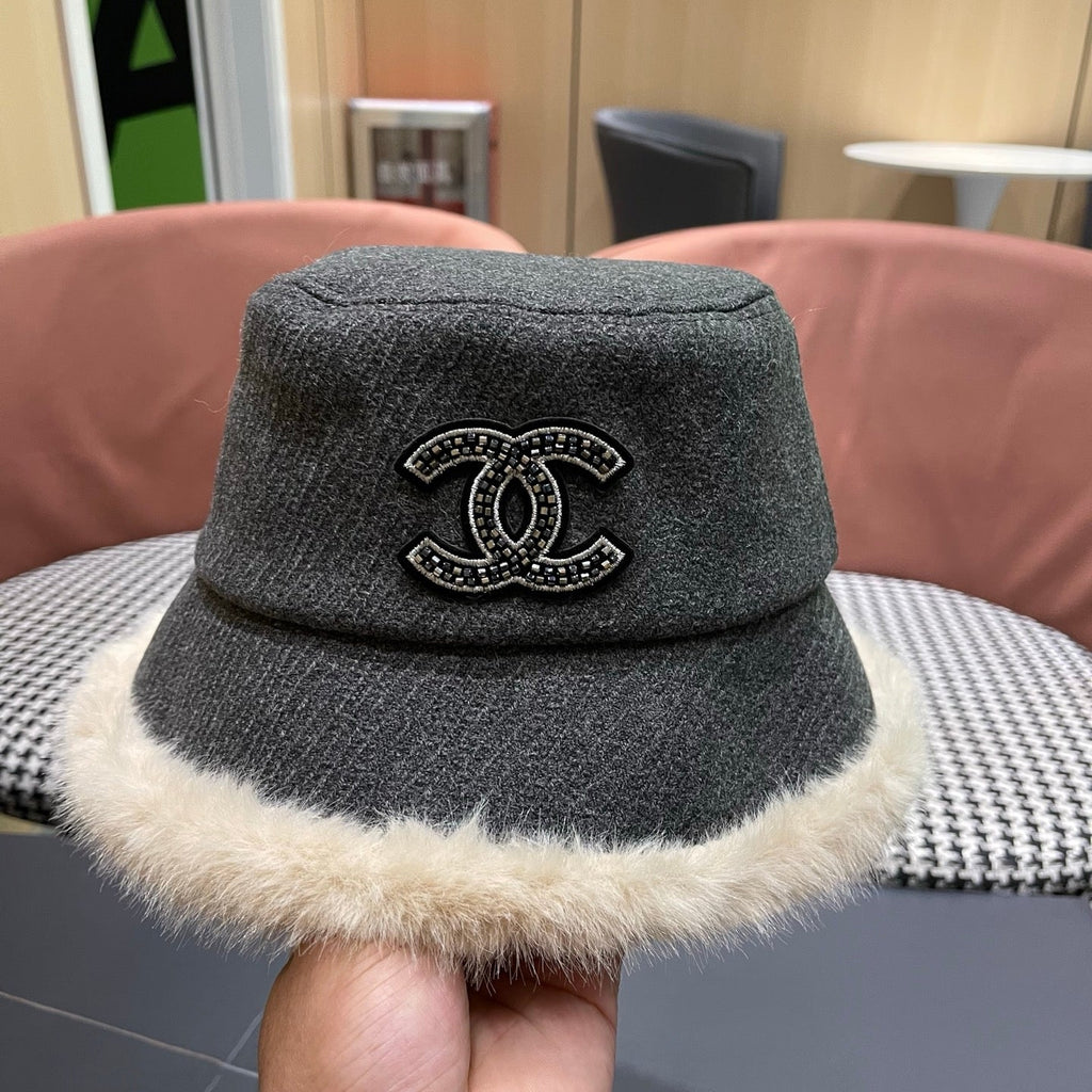 Chanel Korean Style Bucket Hat Gray Plush Fleece 979917
