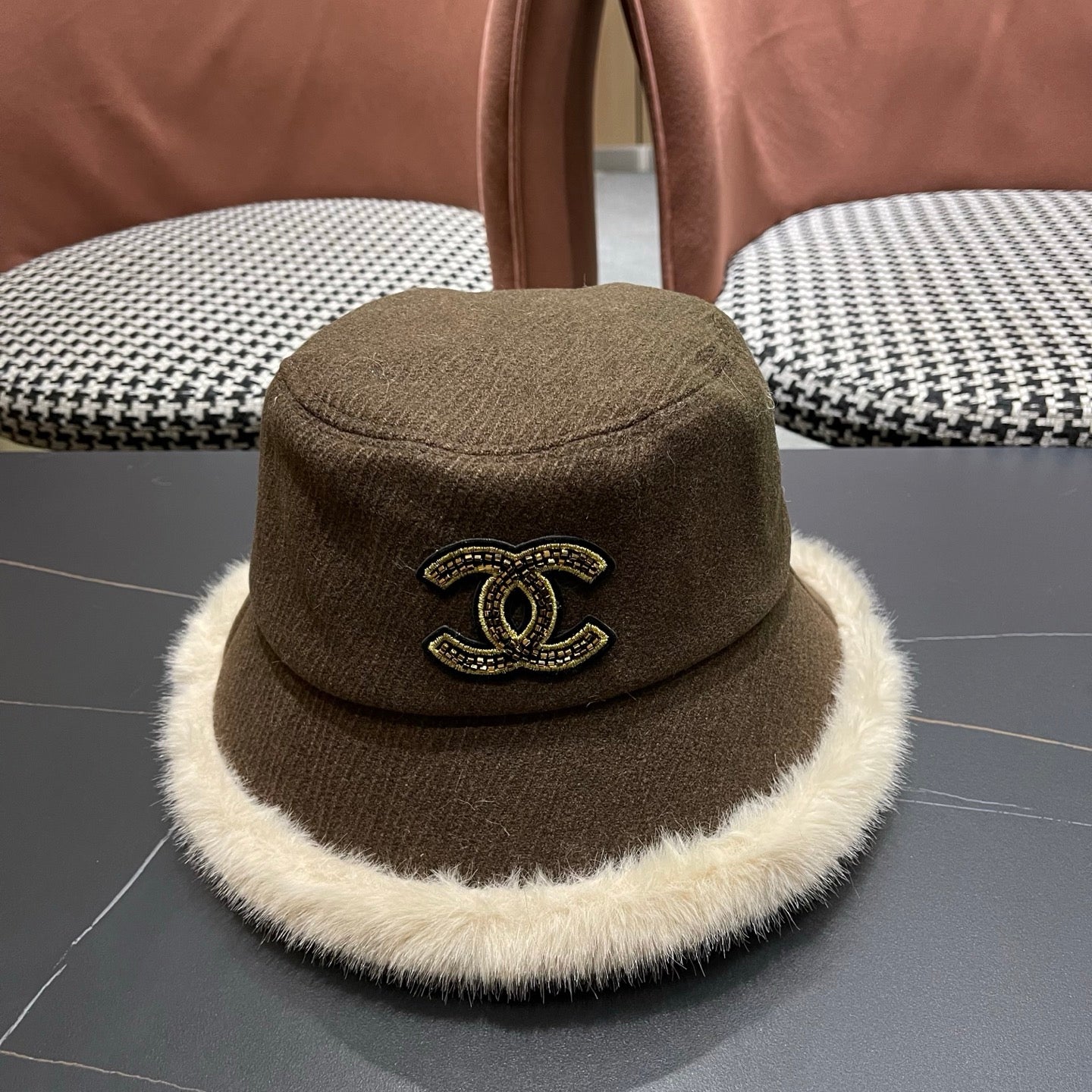 Chanel Korean Style Bucket Hat Brown Plush Fleece 979916