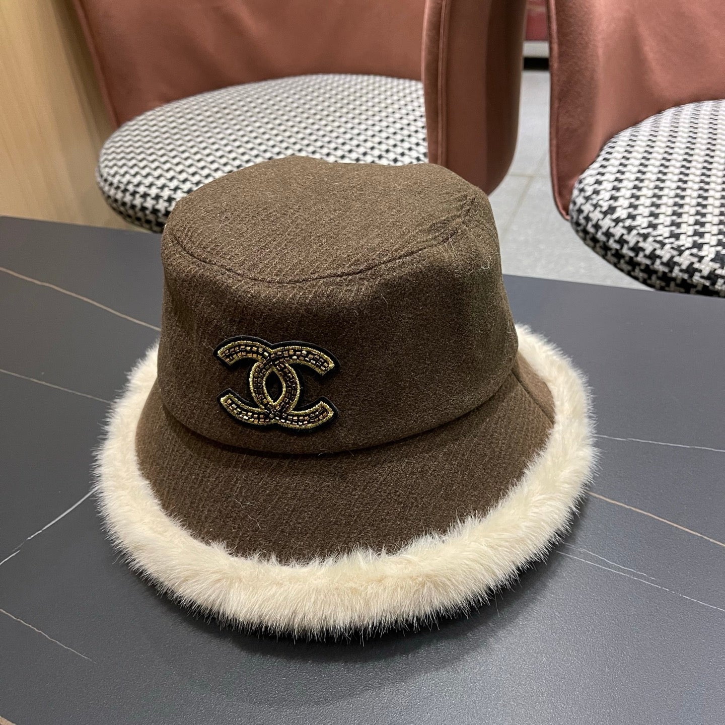 Chanel Korean Style Bucket Hat Brown Plush Fleece 979916