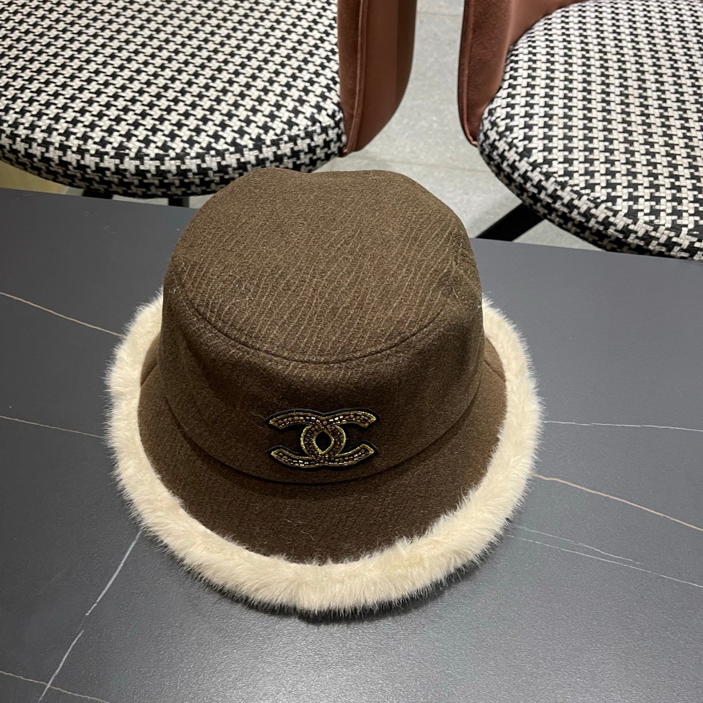 Chanel Korean Style Bucket Hat Brown Plush Fleece 979916