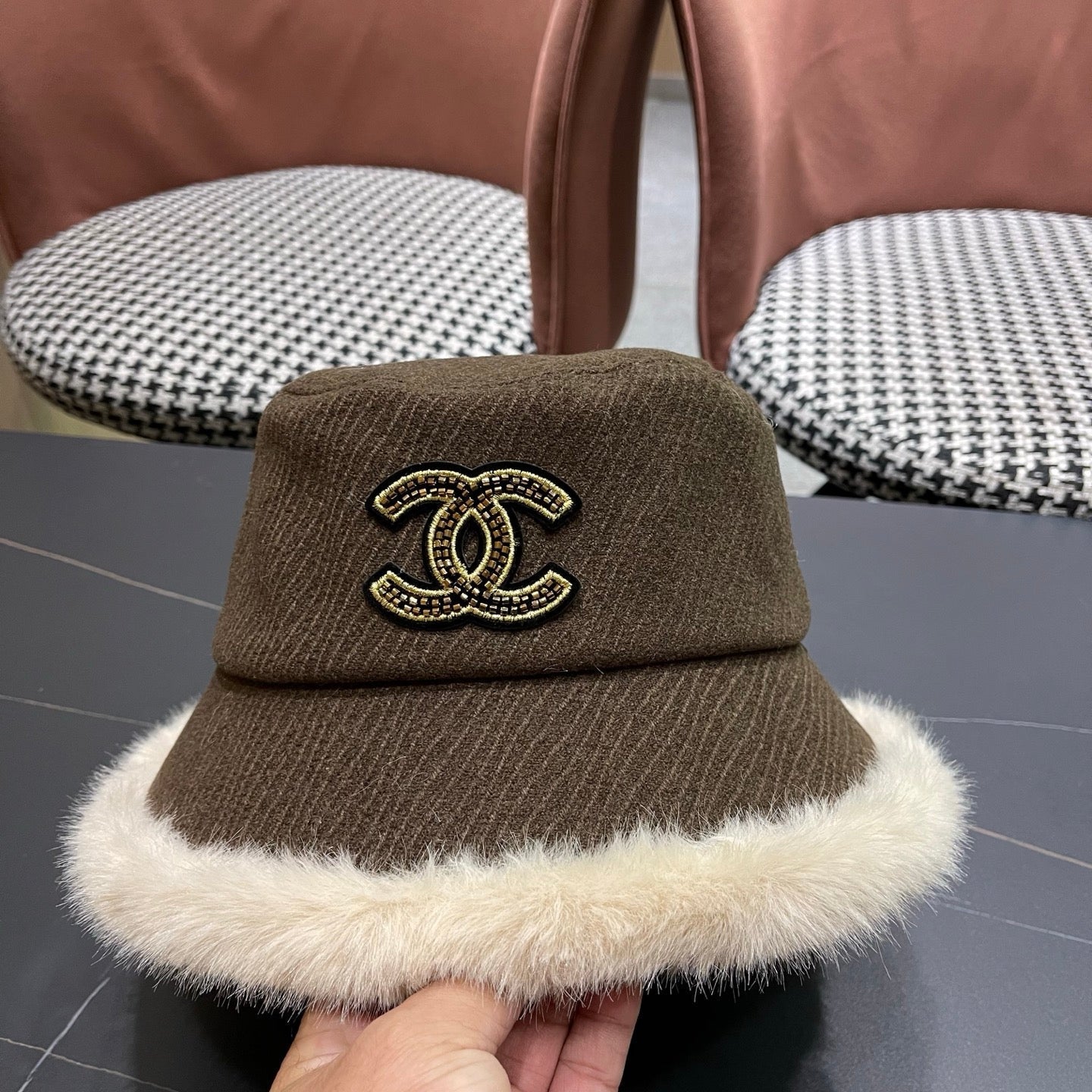 Chanel Korean Style Bucket Hat Brown Plush Fleece 979916