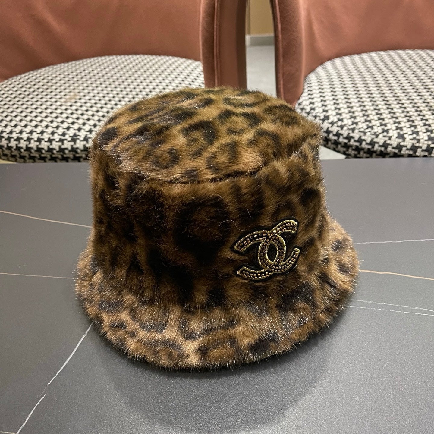 Chanel Korean Style Leopard Print Brown Plush Hat 979912