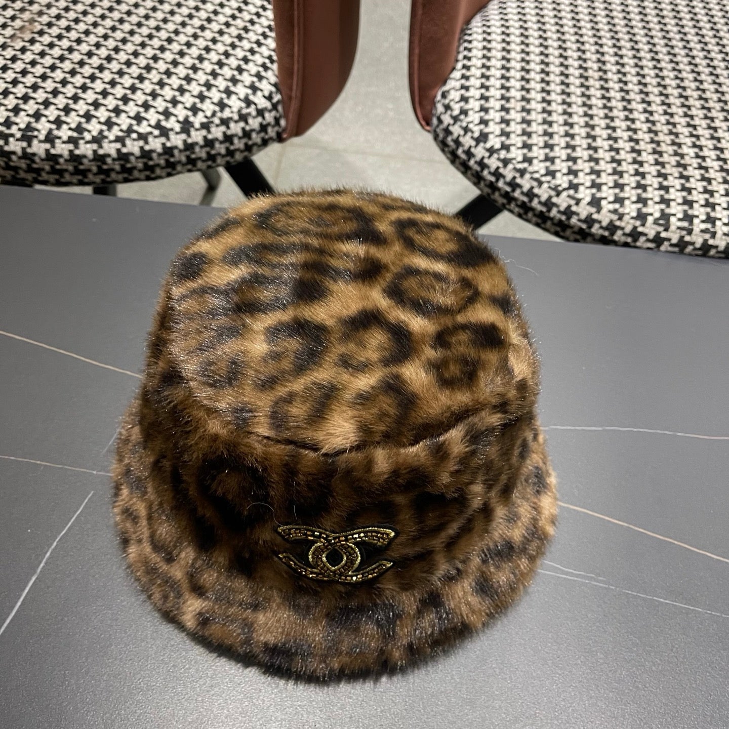 Chanel Korean Style Leopard Print Brown Plush Hat 979912