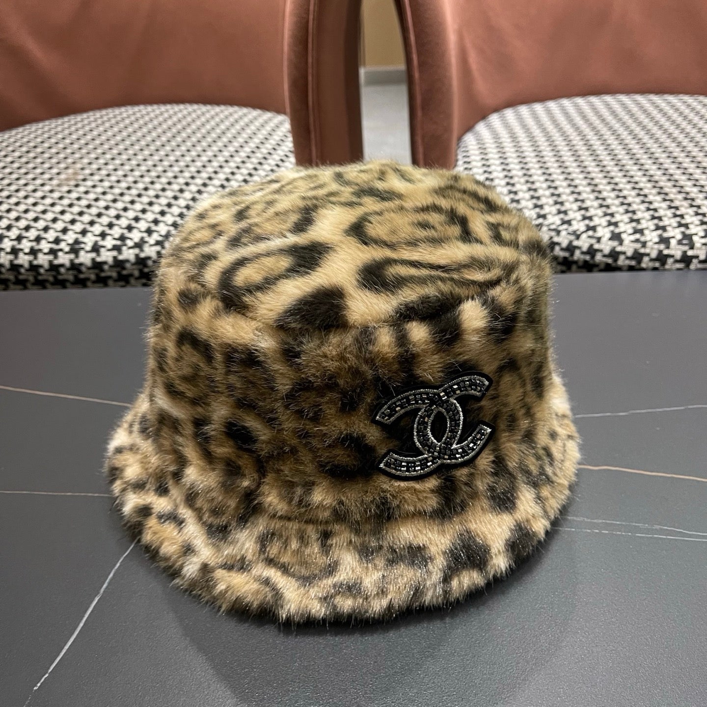 Chanel Korean Style Leopard Print Light Brown Plush Hat 979910
