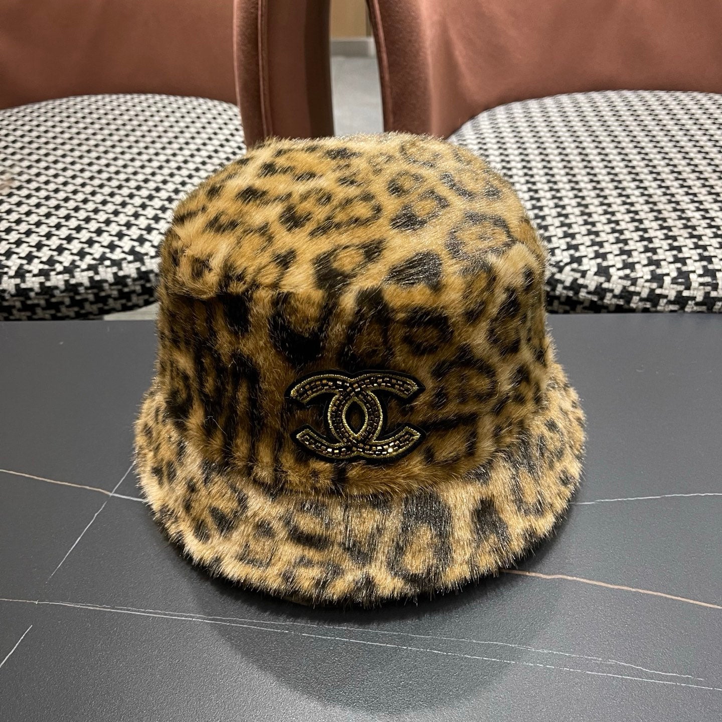 Chanel Korean Style Leopard Print Dark Brown Plush Hat 979909