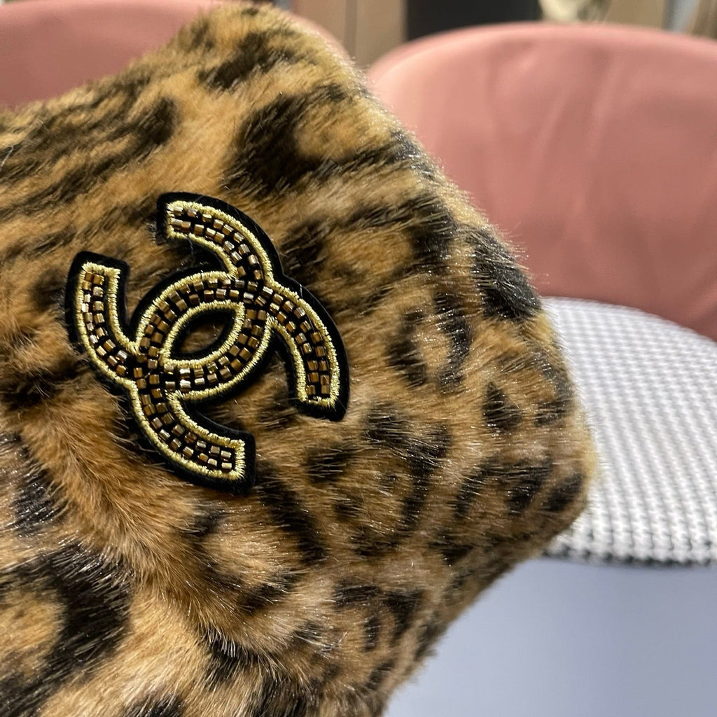 Chanel Korean Style Leopard Print Dark Brown Plush Hat 979909