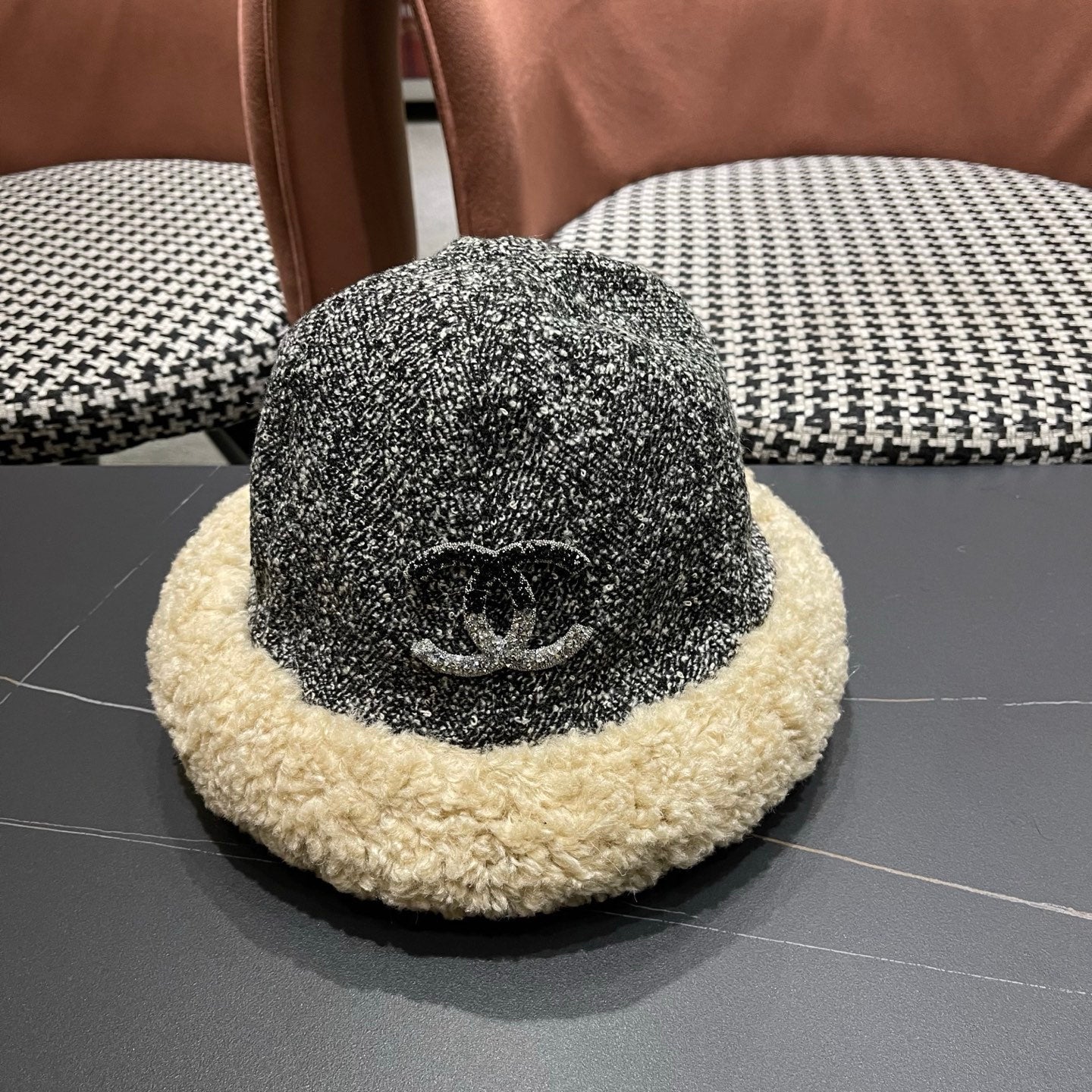 Chanel Womens Gray Plush Bucket Hat 979884