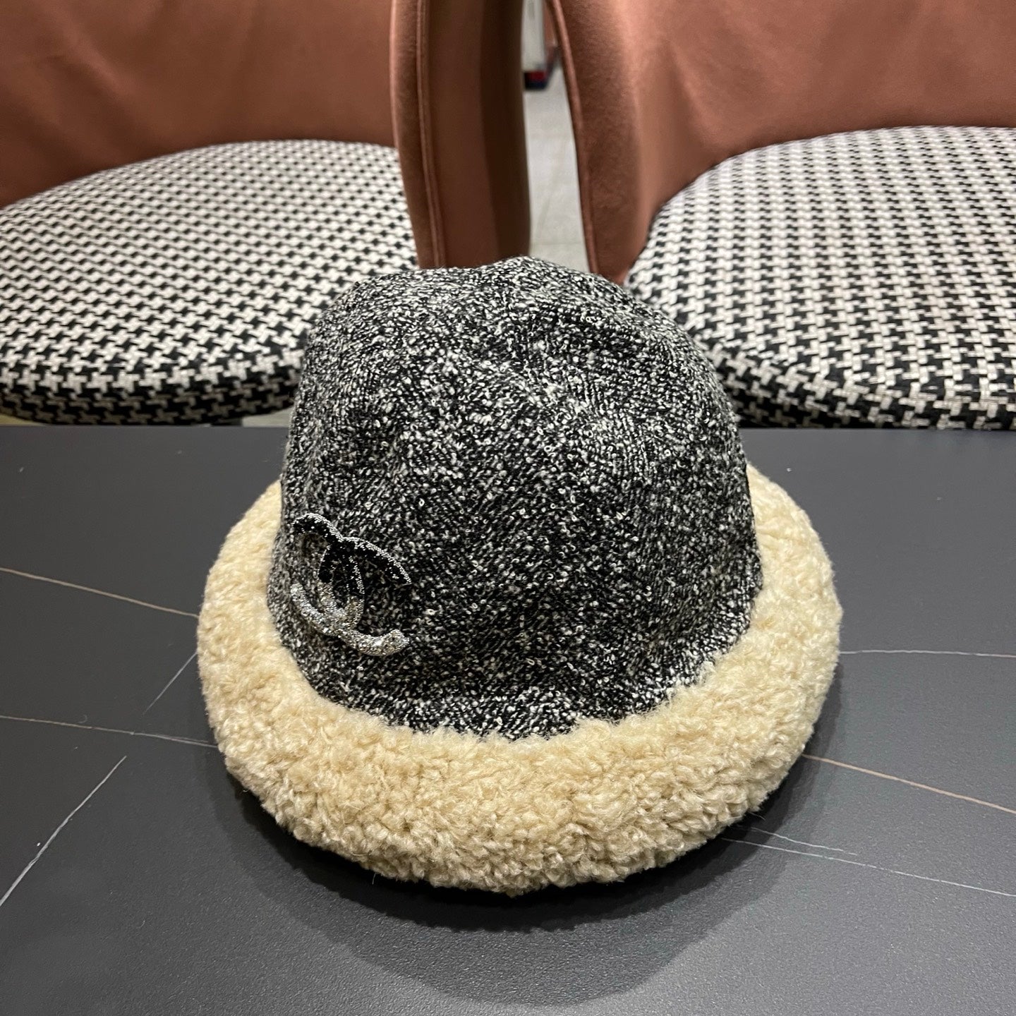 Chanel Womens Gray Plush Bucket Hat 979884