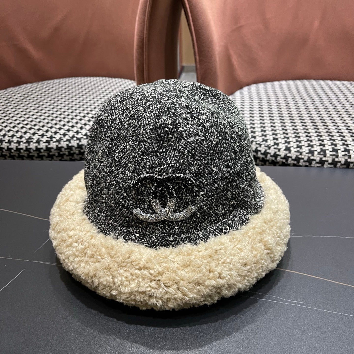 Chanel Womens Gray Plush Bucket Hat 979884