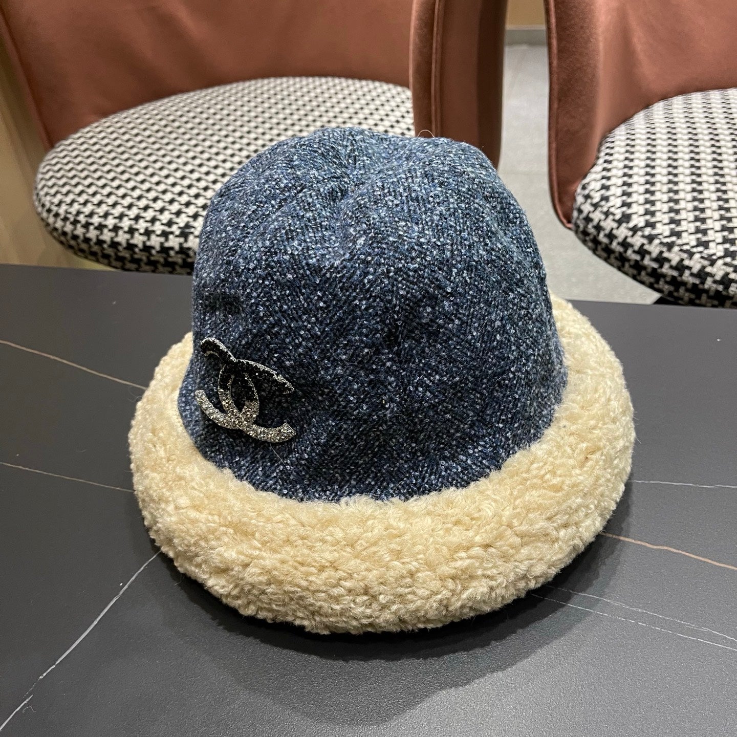 Chanel Womens Blue Plush Bucket Hat 979885