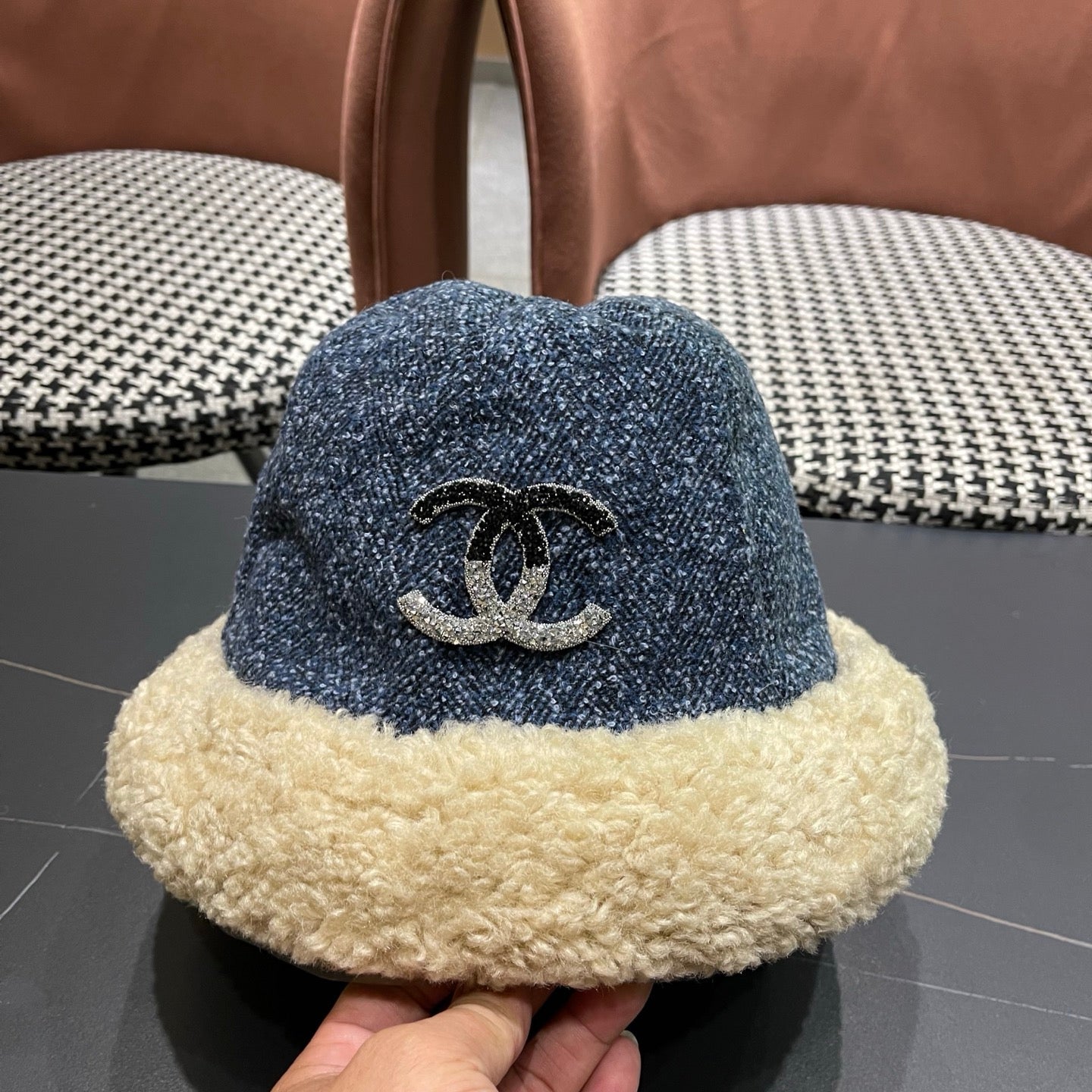 Chanel Womens Blue Plush Bucket Hat 979885