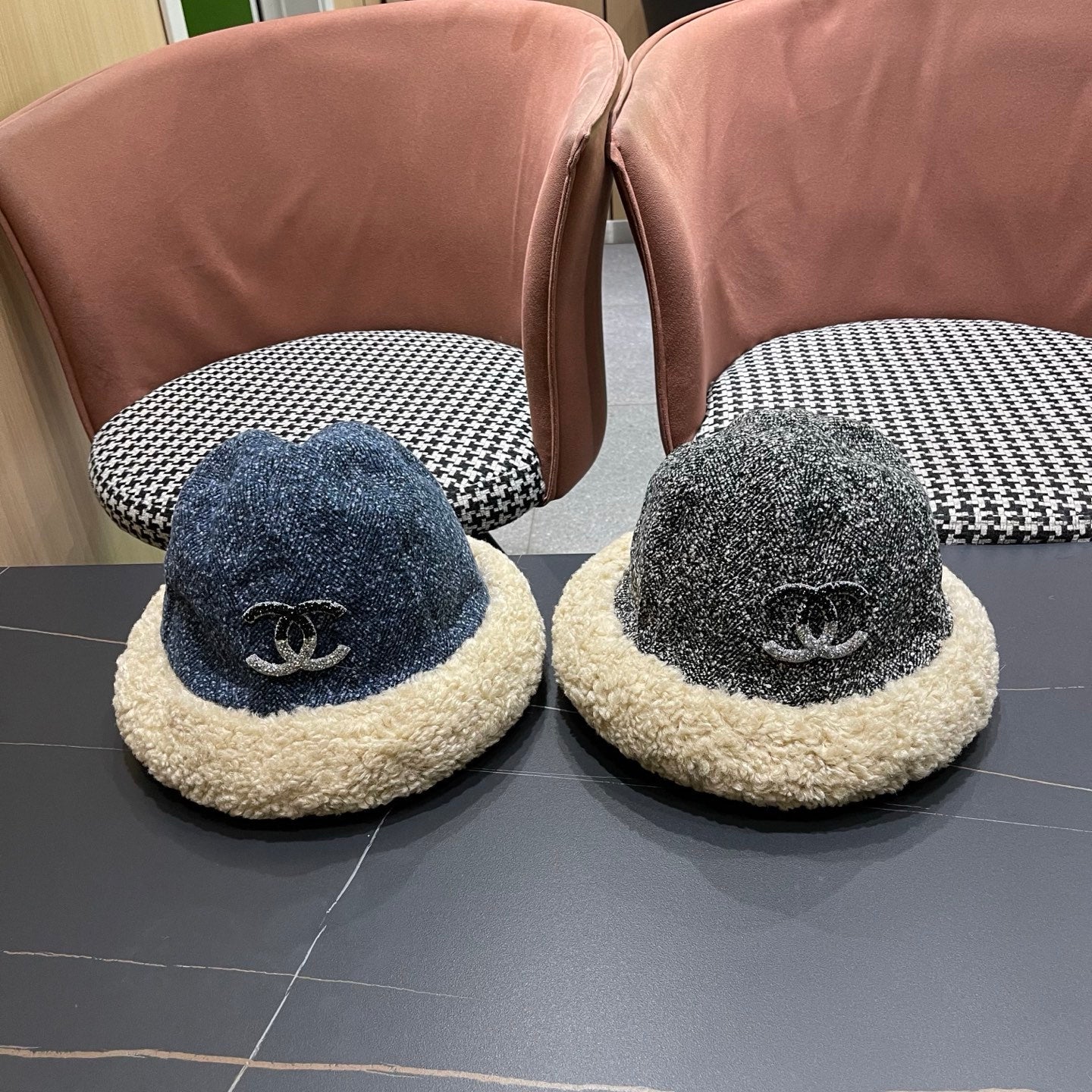 Chanel Womens Blue Plush Bucket Hat 979885