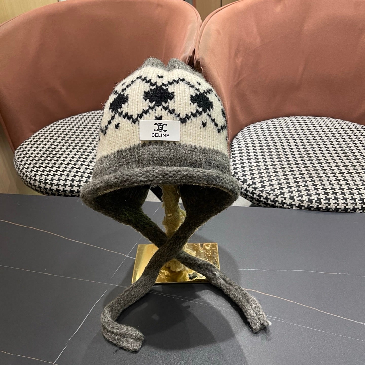 Celine 25 Fair Isle Gray Knitted Tie-Wrap Wool Hat 980013