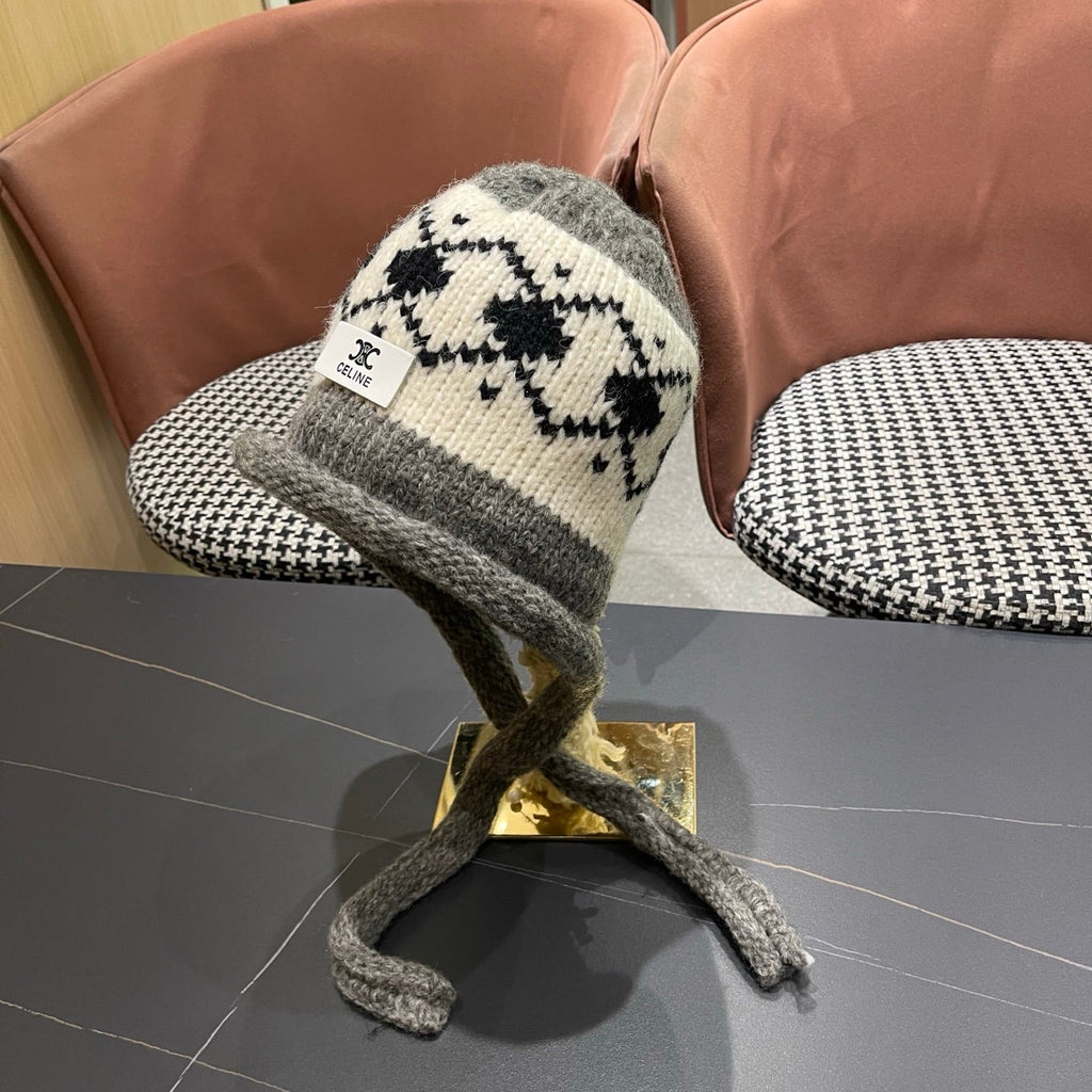 Celine 25 Fair Isle Gray Knitted Tie-Wrap Wool Hat 980013