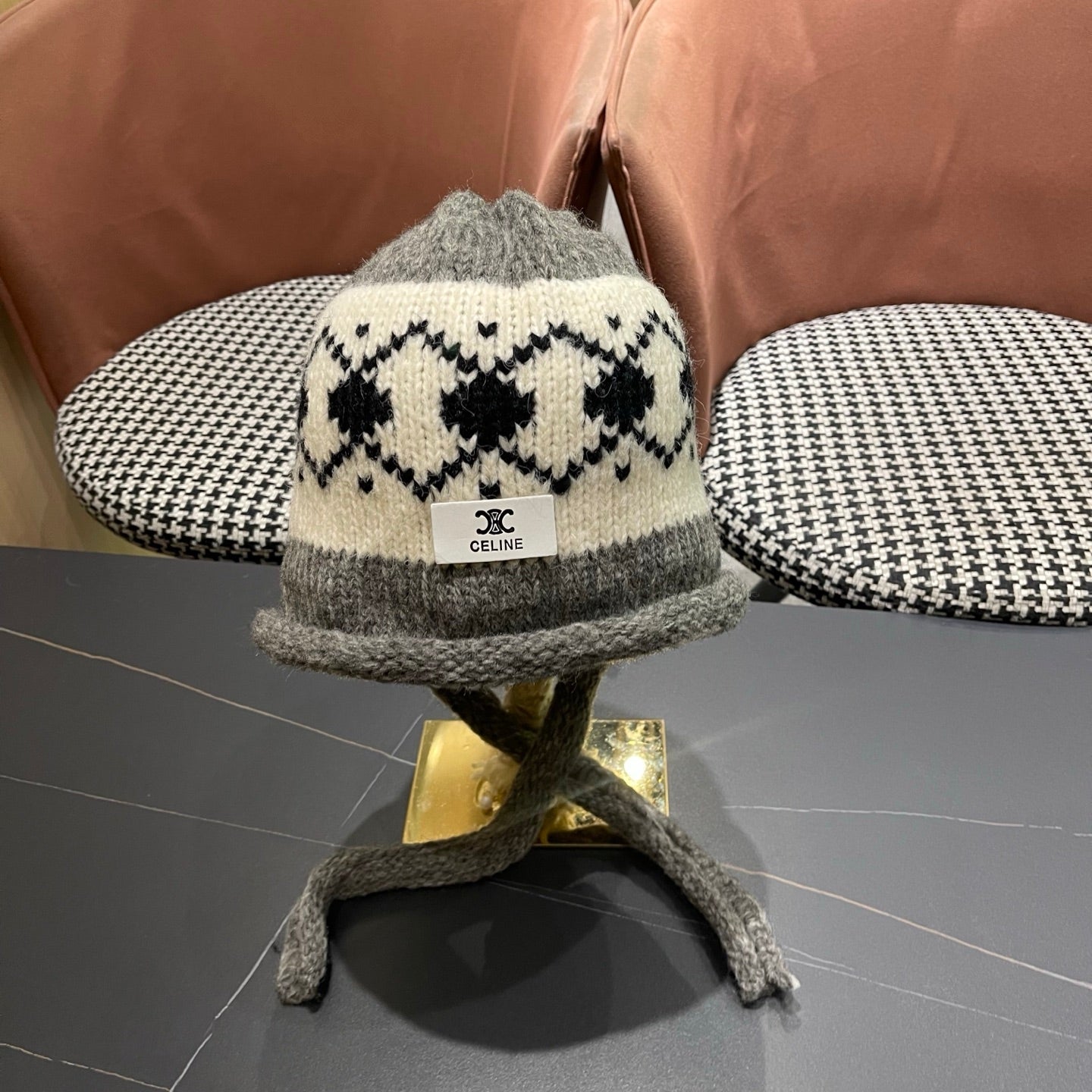 Celine 25 Fair Isle Gray Knitted Tie-Wrap Wool Hat 980013