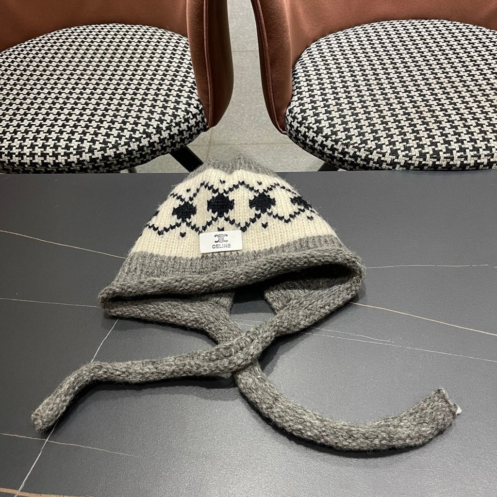 Celine 25 Fair Isle Gray Knitted Tie-Wrap Wool Hat 980013