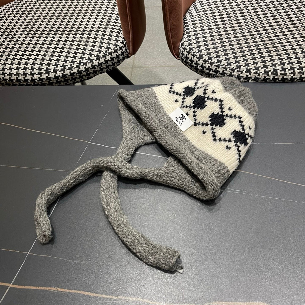 Celine 25 Fair Isle Gray Knitted Tie-Wrap Wool Hat 980013