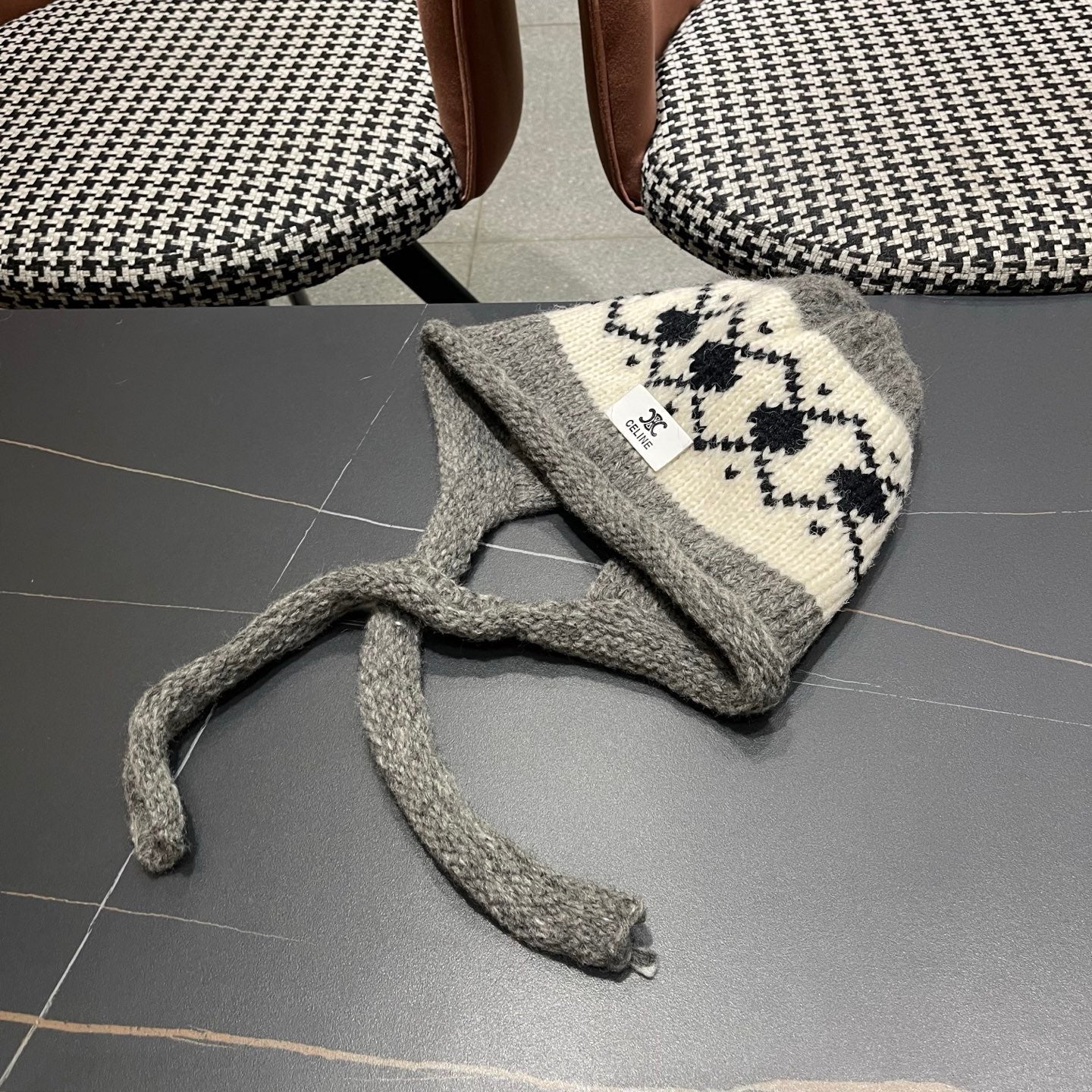 Celine 25 Fair Isle Gray Knitted Tie-Wrap Wool Hat 980013