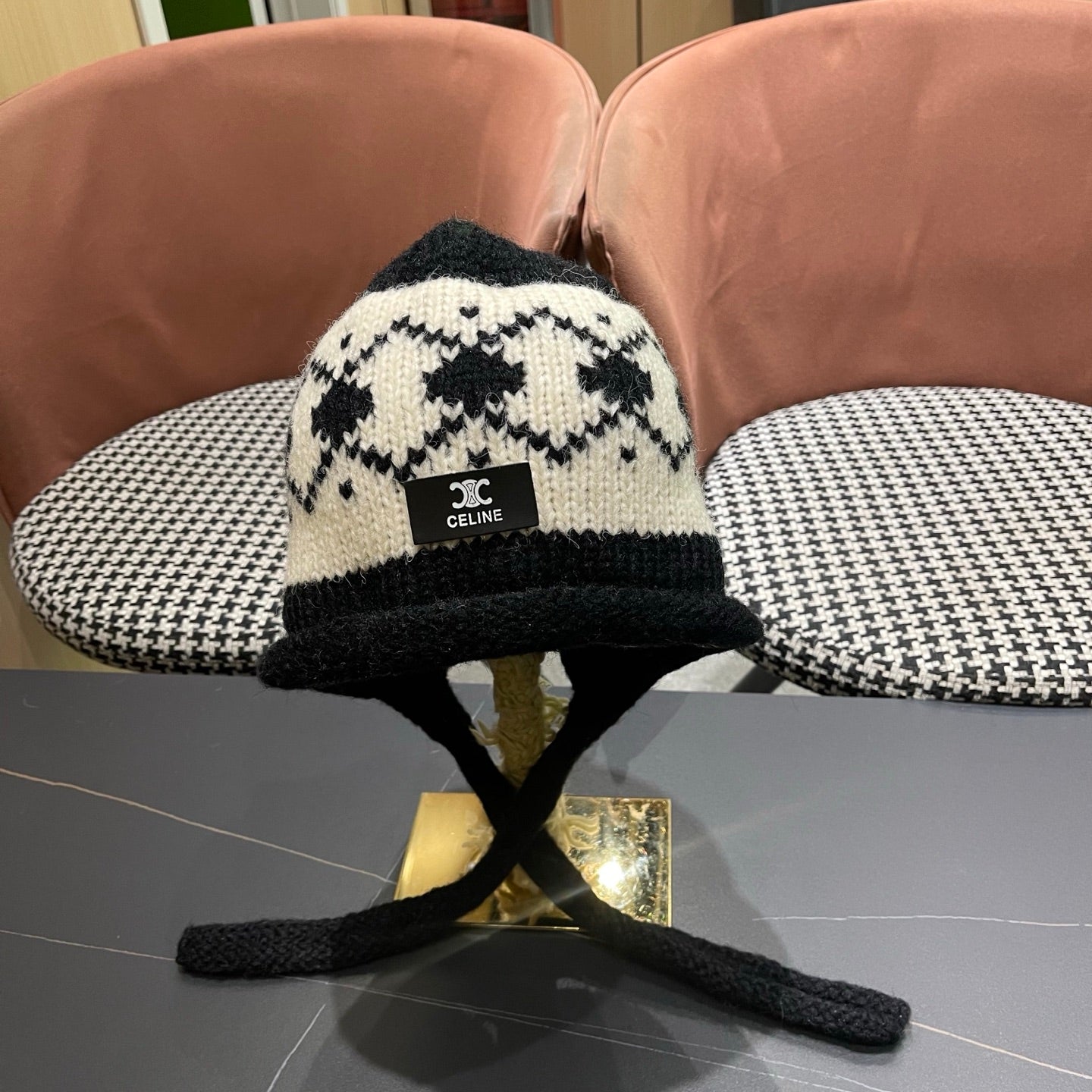 Celine 25 Fair Isle Black Knitted Tie-Wrap Wool Hat 980014