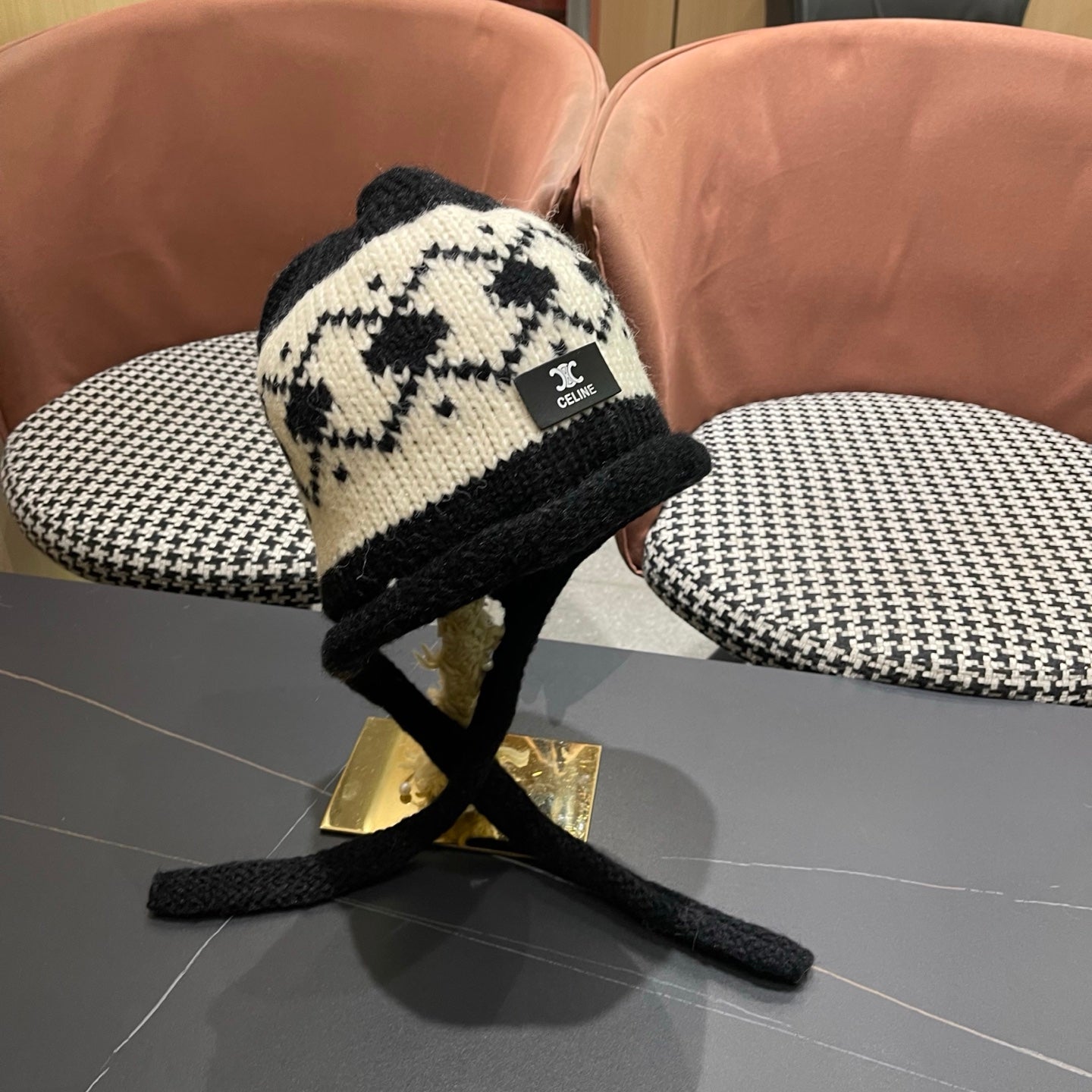Celine 25 Fair Isle Black Knitted Tie-Wrap Wool Hat 980014